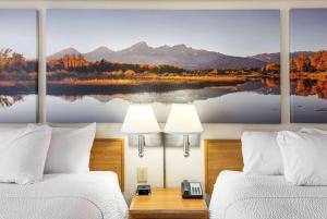 大瀑布城大瀑布城戴斯酒店的酒店客房设有两张床,并画着一幅湖画
