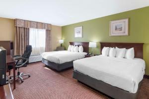 布卢明顿Quality Inn & Suites Bloomington University Area的酒店客房配有两张床和一张书桌