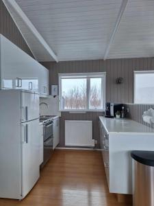 LaxamýriDimond cottage的铺有木地板的厨房配有白色家电