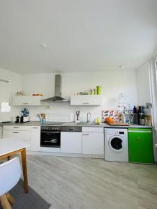 维特利希Ferienhaus Plan B. Wittlich的厨房配有白色橱柜和绿色洗碗机。