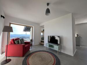 戈雷尼斯卡地区采尔克列Elipa Cottage的客厅配有红色沙发和电视