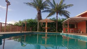 卡皮托利乌Suites Hidromassagem - Pousada Vale da Serra的一个带遮阳伞和棕榈树的游泳池