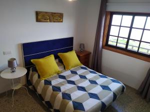绍萨尔Los atardeceres más bellos del Sauzal的一间卧室配有一张带黄色枕头的床和一扇窗户