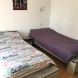 SégusLOURDES SEGUS Location vacances的一张位于带紫色床垫的房间内的床铺