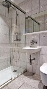 圣莫里茨索尔达纳拉酒店的带淋浴和盥洗盆的浴室