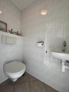 BaaiduinenDe Bakkerij的白色的浴室设有卫生间和水槽。