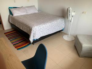 Puerto SalgarAcogedor Apartamento 2 alcobas cerca al mar的一间卧室配有一张床、风扇和椅子