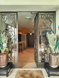 卢马罕帕拉多酒店的走廊上两盆植物的敞开的门