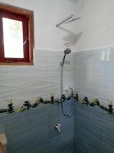 马特勒Sinharaja Cabana的墙上设有植物淋浴的浴室