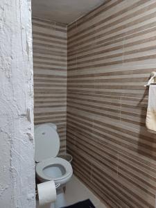 巴亚希贝Habitación margarita的一间带卫生间和条纹墙的浴室