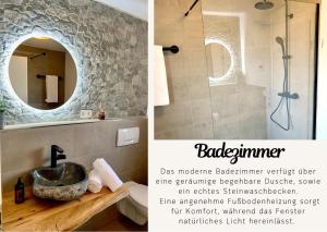 巴特绍尔高Stilvolles Ferienapartment am Thermalbad mit Blick in die Natur的带淋浴、盥洗盆和镜子的浴室