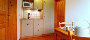 阿恩施塔特Ferienwohnung Wenzlaff的厨房配有白色橱柜和微波炉