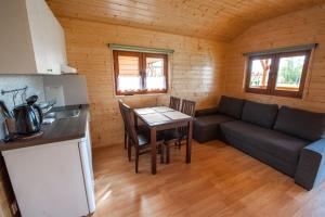 萨比诺瓦Lazur Apartamenty Domki的厨房以及带桌子和沙发的客厅。