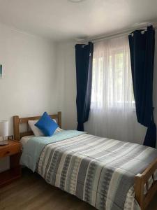 奇廉Dulces Sueños的一间卧室配有一张带蓝色窗帘的床和一扇窗户