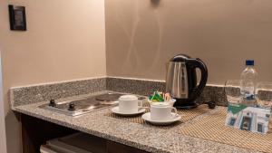 圣米格尔·德·图库玛Garden Park Hotel的厨房柜台,配有2杯茶壶