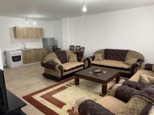 Gnjilaneapartment gjilan的带沙发和桌子的客厅以及厨房。