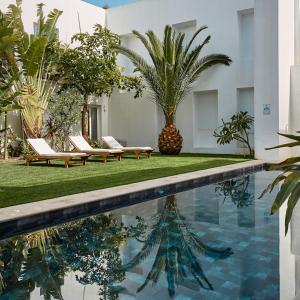 法鲁Casa Apollo Guesthouse的一座带躺椅和棕榈树的游泳池,毗邻一座建筑