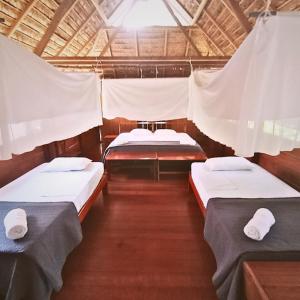 马尔多纳多港Ecolucerna Lodge Tambopata的船上的三张床