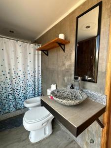 马拉圭Pueblo Andino Los Molles的一间带水槽、卫生间和镜子的浴室