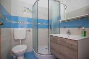 伯德古拉古德耶公寓的浴室配有卫生间、盥洗盆和淋浴。