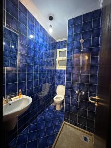 艾因苏赫纳Porto El Sokhna Aqua park的蓝色瓷砖浴室设有卫生间和水槽