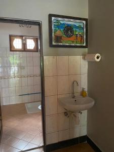 莫希Maasaifari Moshi 36的一间带水槽和绘画淋浴的浴室