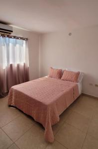 PampatarApto Pampatar - Isla de Margarita的一间卧室配有一张带粉色床单的床和一扇窗户。