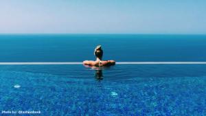 雅莎尼奥Okeanos Luxury Villas - Resort的坐在水中的岩石上的鸟
