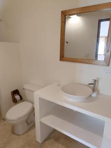 GuachacaSierra Sagrada Tayrona的一间带卫生间、水槽和镜子的浴室