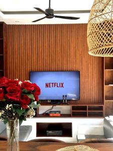 公主港Villa Anela的一间带电视和红玫瑰花瓶的客厅
