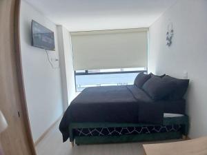 波哥大Moderno apartamento 820-1的一间卧室设有一张床和一个大窗户