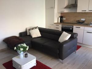 万根沃格Ostbake Modern retreat的一间带黑色沙发的客厅和一间厨房