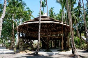 爱妮岛Dryft Darocotan Island的棕榈树中间的竹屋