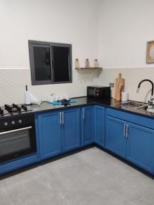 洛美Le Leo Lodge的一间厨房,配有蓝色橱柜和墙上的电视