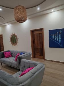 洛美Le Leo Lodge的客厅配有两张沙发和粉红色枕头