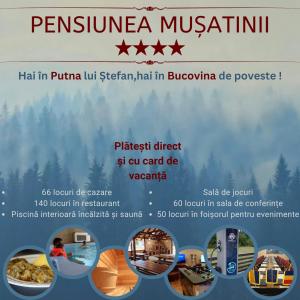 普特纳Pensiunea Mușatinii的一张旅游博物馆的海报,上面有一座建筑的照片