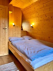 波滕施泰因Hüttendorf Fränkische Schweiz的木制客房内的一间卧室,配有一张床