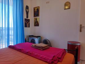 Villa Teodora的一间卧室配有一张床铺,床上铺有粉色毯子