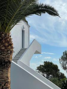 莫诺利索斯Hermoso Luxury Suites的棕榈树旁的白色房子,设有楼梯