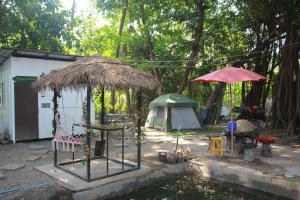 曼谷Do Dee Cafe Bangkok Hostel的池塘旁的帐篷、桌子和雨伞