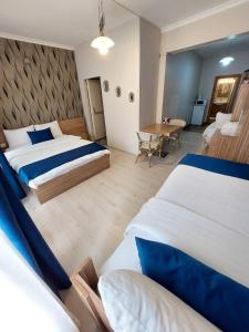 伊斯坦布尔阿斯兰家公寓的酒店客房设有两张床和一张桌子。