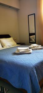 基萨莫斯Elia Guesthouse的一间卧室配有一张带蓝色床单和镜子的床