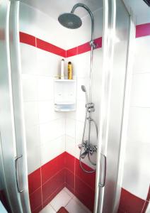 基萨莫斯Elia Guesthouse的浴室铺有红色和白色瓷砖,设有淋浴。