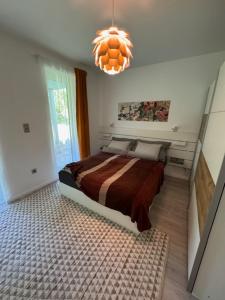 巴拉顿菲兹弗Fűzliget2-Mistral Garden的一间卧室配有一张床和一个吊灯