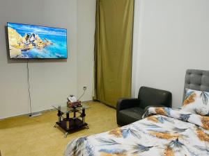 阿布扎比Relaxation Quiet Room Apartment的客厅配有沙发和墙上的电视