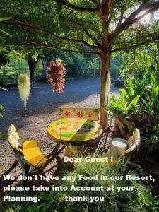 素可泰Baandin resort的野餐桌和树下的长凳