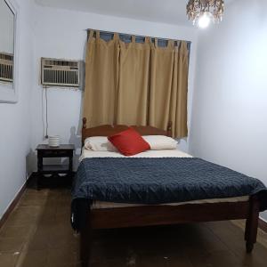 波萨达斯Casa céntrica muy comoda的一间卧室配有一张红色枕头的床
