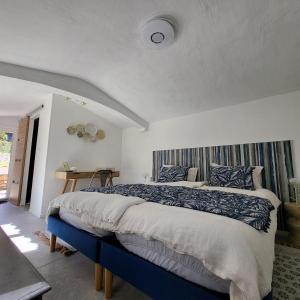 锡亚涅河畔圣塞宰尔Les Pierres de Cézaire的一间卧室配有一张带蓝白色床单的大床