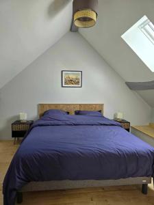 韦兹莱Gite au pied de la Colline的一间卧室配有一张带蓝色棉被的床