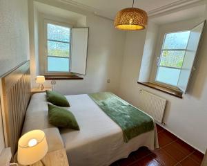利亚内斯Apartamentos Santa Marina的一间卧室配有一张带绿色枕头的大床